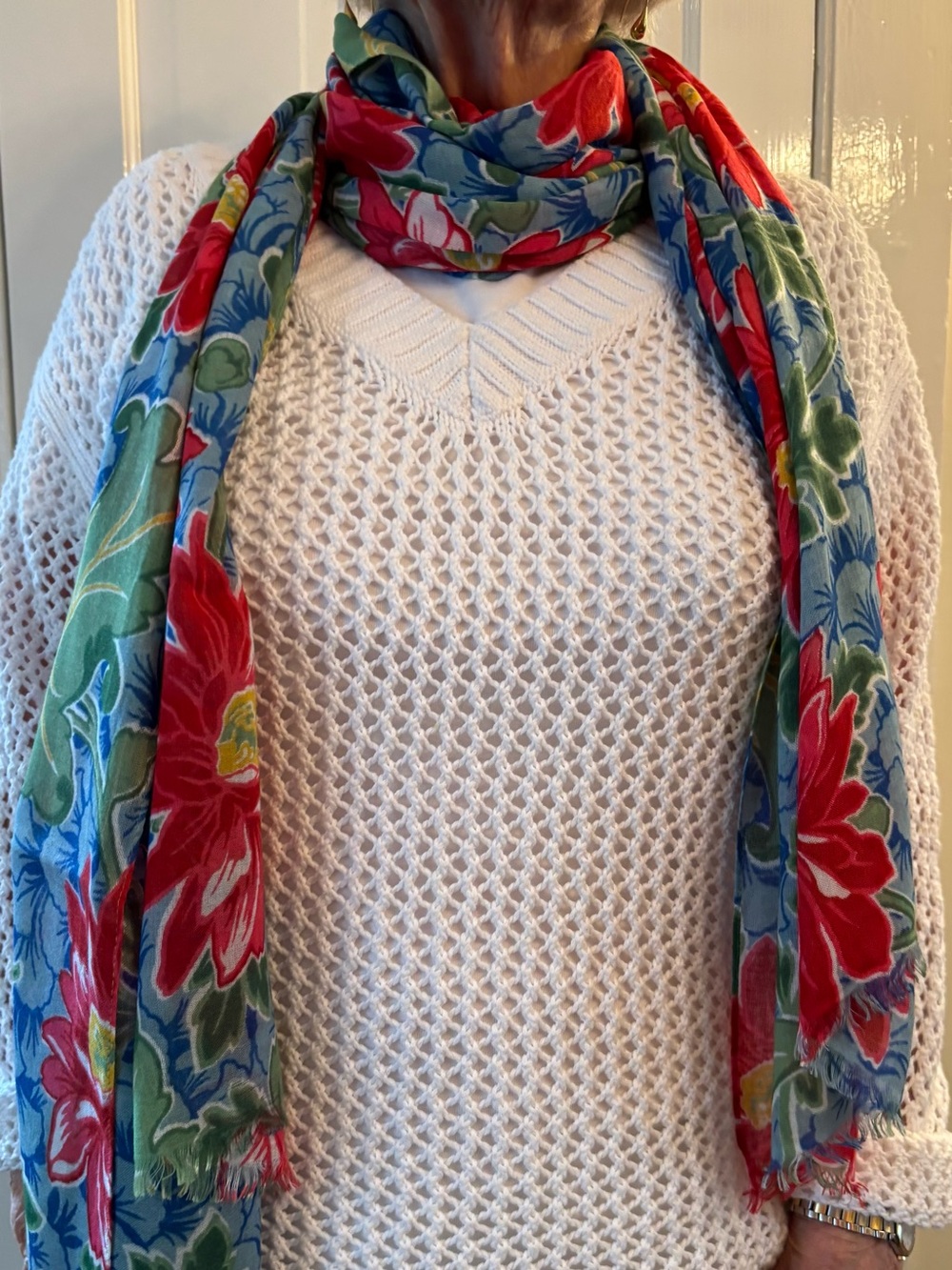 EUC Talbots Red & Blue Floral Cotton Scarf Fringe Edge